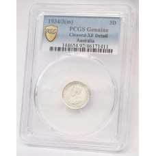 AUSTRALIA 1934/3 . THREEPENCE . VARIETY . OVERDATE . PCGS GRADE XF